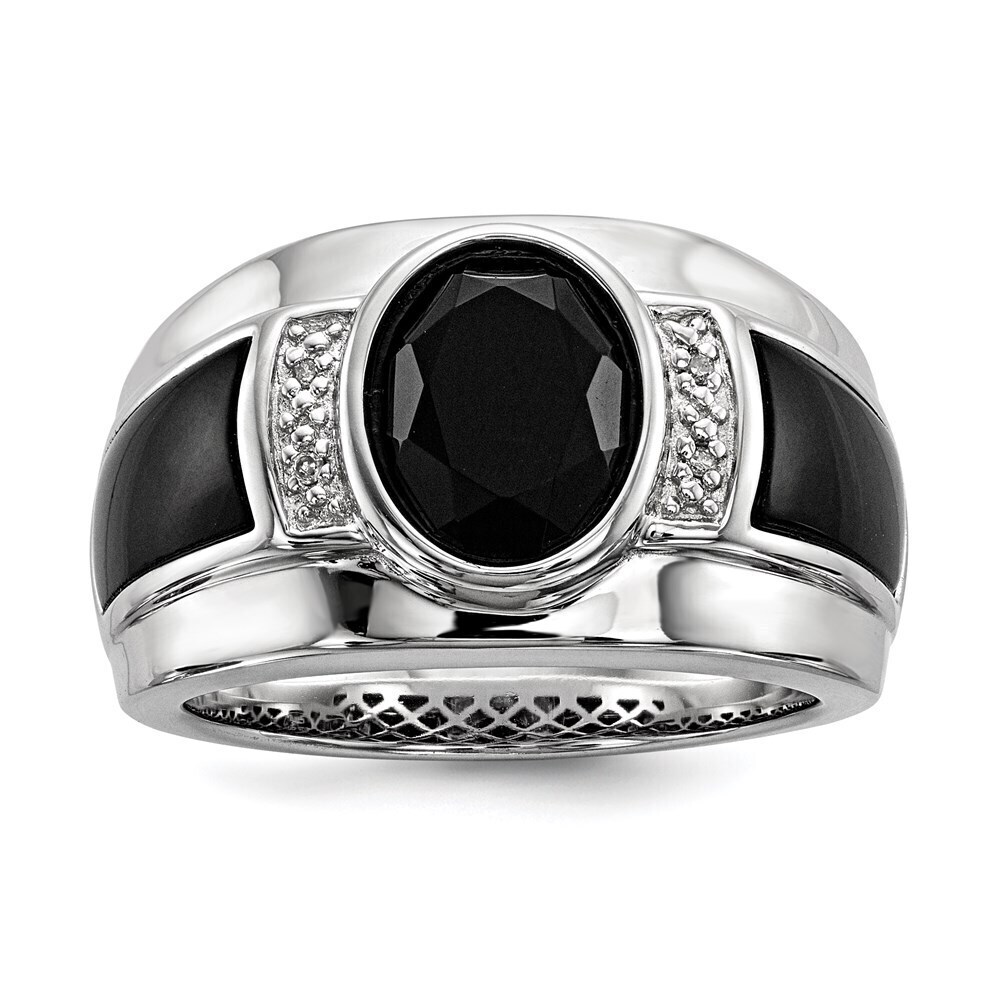 White Night 925 Sterling Silver Genuine RH-plated Diamond & Onyx Men's Ring